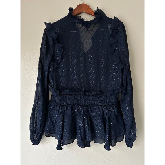 Johnathan Simkhai Navy Semi Sheer Chiffon Ruffle Blouse Size Medium - Picture 10 of 12